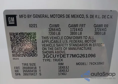 2021 Chevrolet Silverado 1500 4Wd Short Bed Lt z USA, uszkodzony, nr VIN 3GCUYDET7MG261096